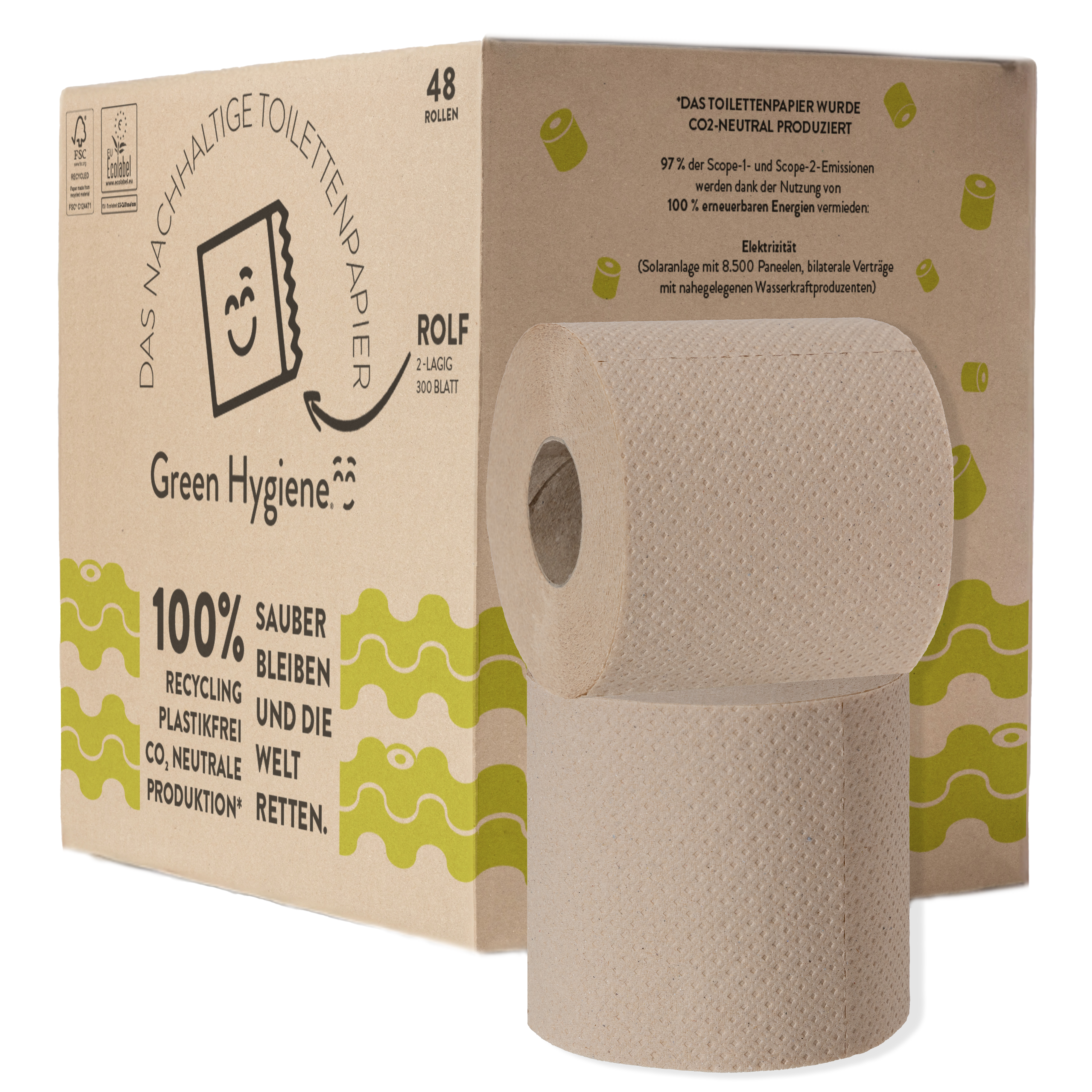 ROLF - Toilettenpapier, 2-lagig, 14.400 Blatt pro Karton, Recycling, 300 Blatt, (48 Rollen/ Karton)
